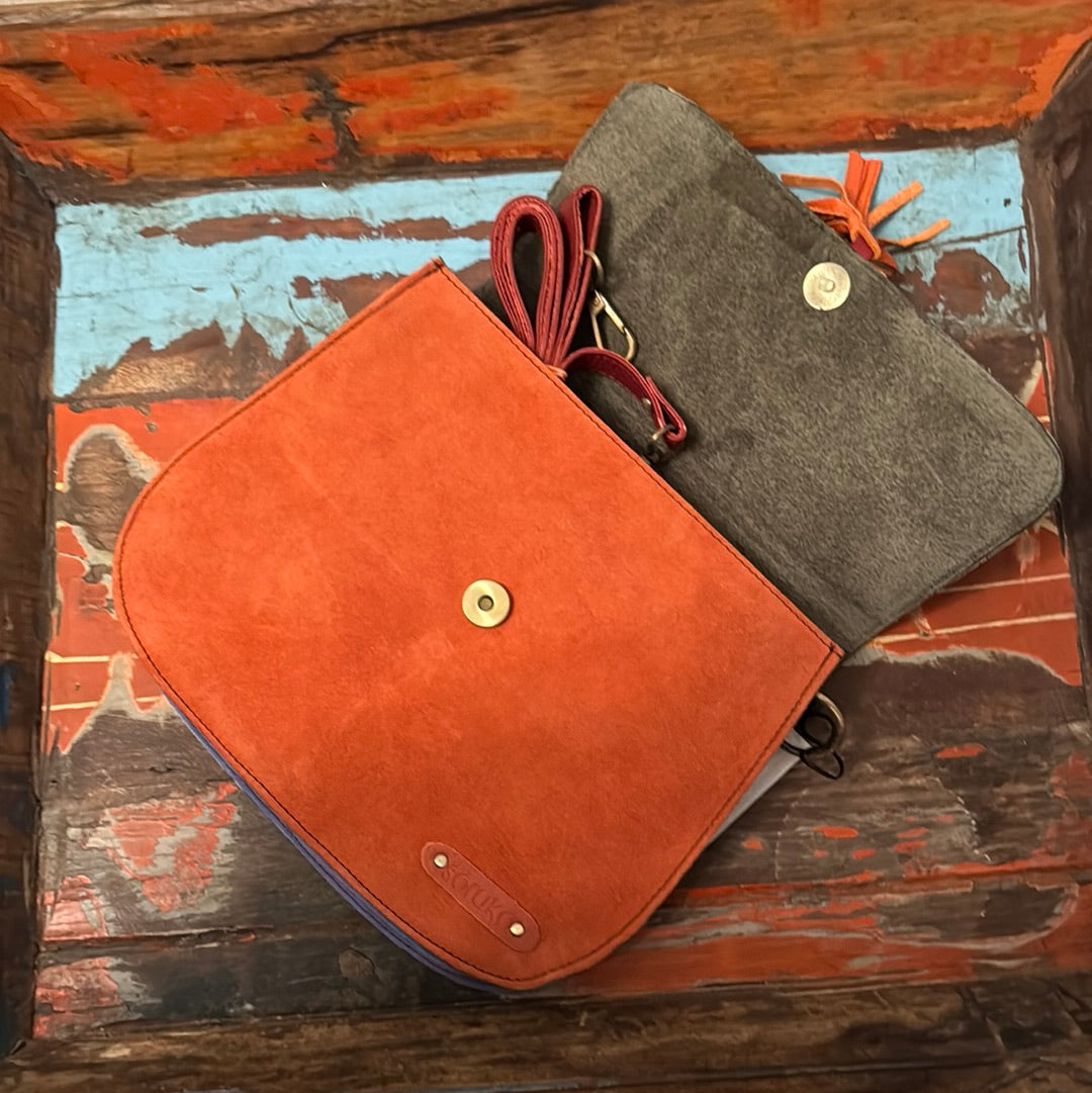 Rose Recycled Leather & Suede Bag - Orange & Animal Print - Soruka