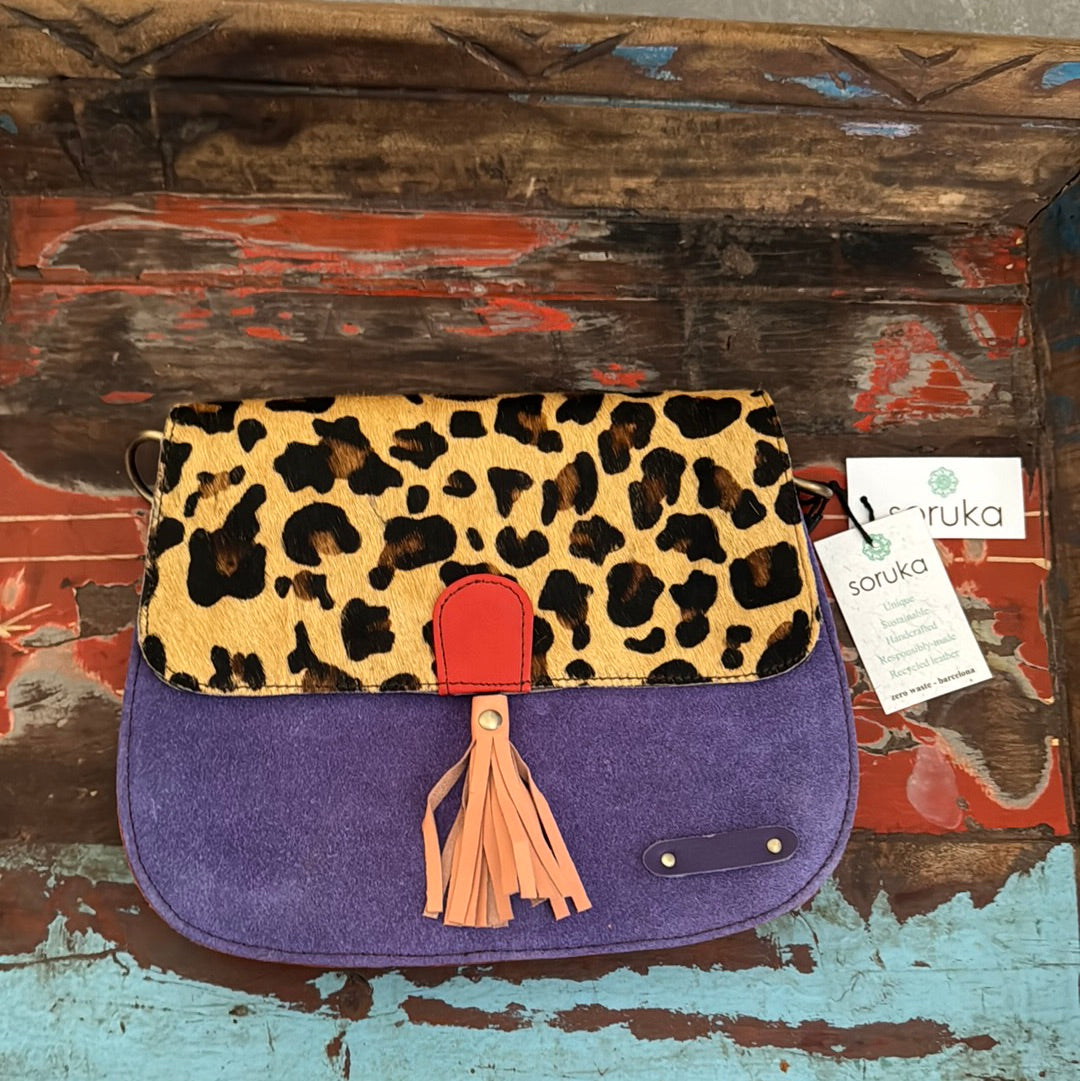 Rose Recycled Leather Suede Bag Purple Animal Print Soruka