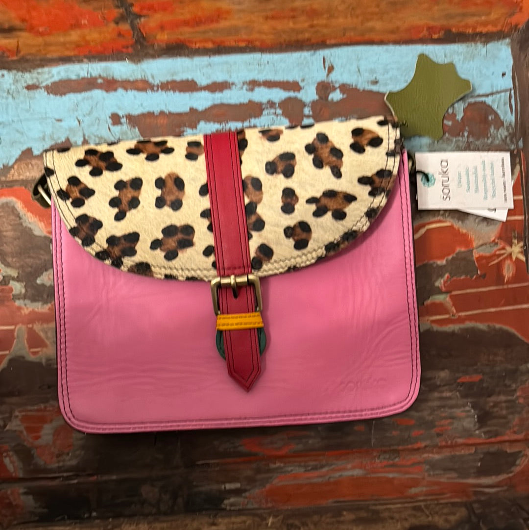 Adeline Recycled Leather Bag - Pink & Animal Print - Soruka