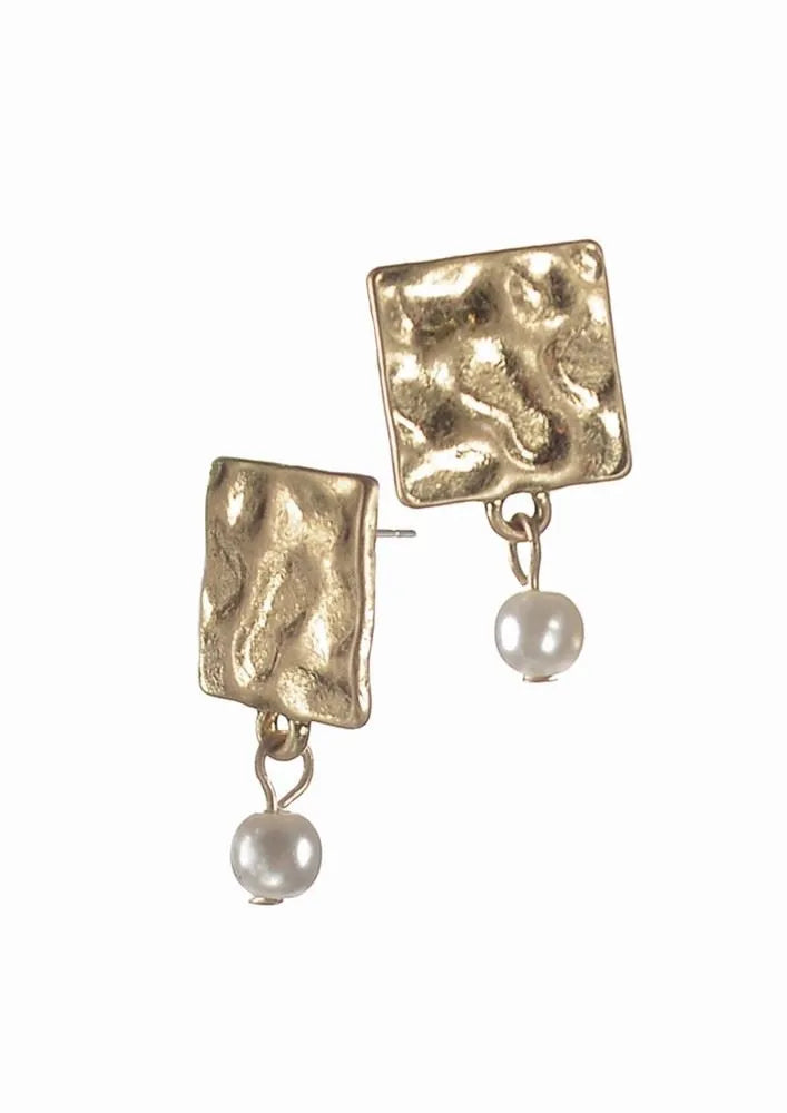 Earrings - Squared Up Studs W/Teeny Pearl - Worn Gold