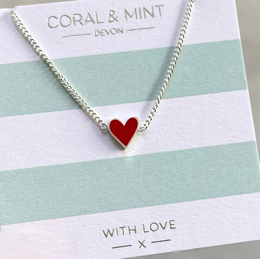 Heart Necklace - Plum Enamel - Coral And Mint