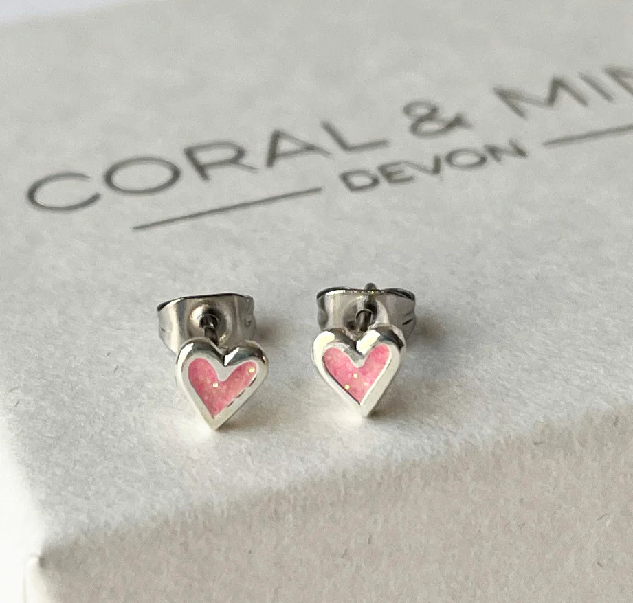 Mini Heart Stud Earrings - Pink Enamel - Coral And Mint