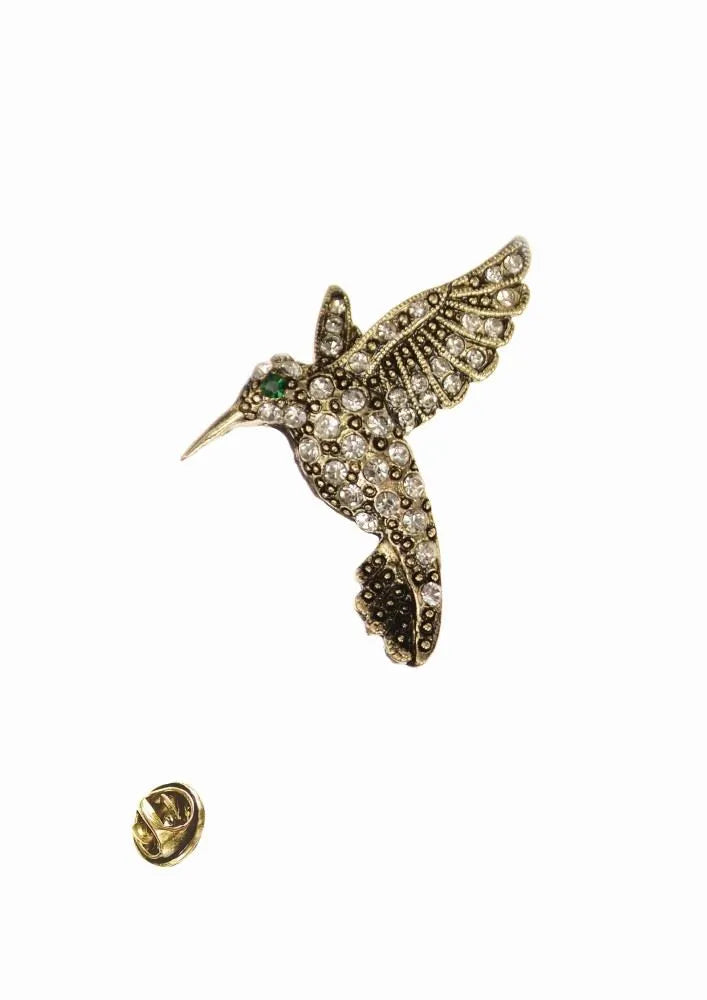 Brooch - Hummingbird Hovering - Antique Gold With Clear Crystals