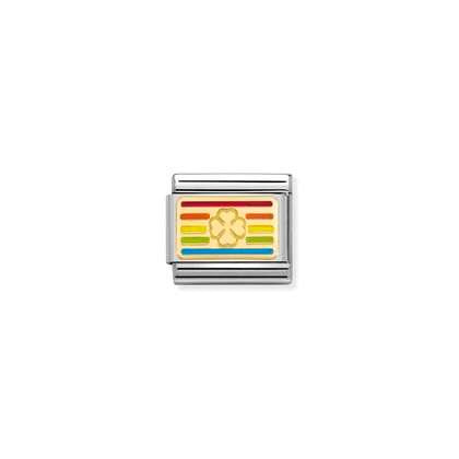 Nomination Charm - Stay Positive - Gold Enamel - Rainbow Four Leaf Clover Flag