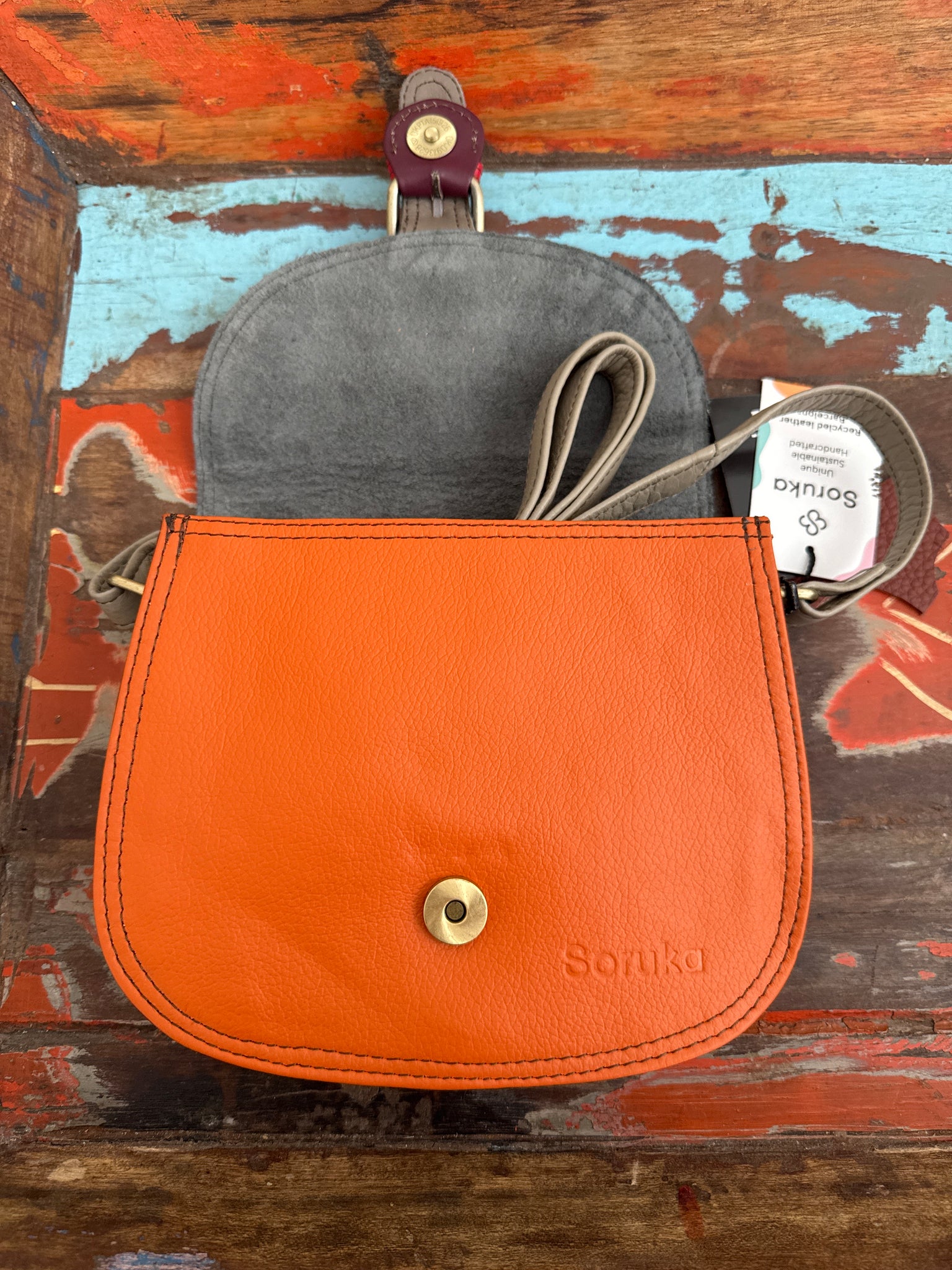 Ally Recycled Leather Bag - Orange/Blue
