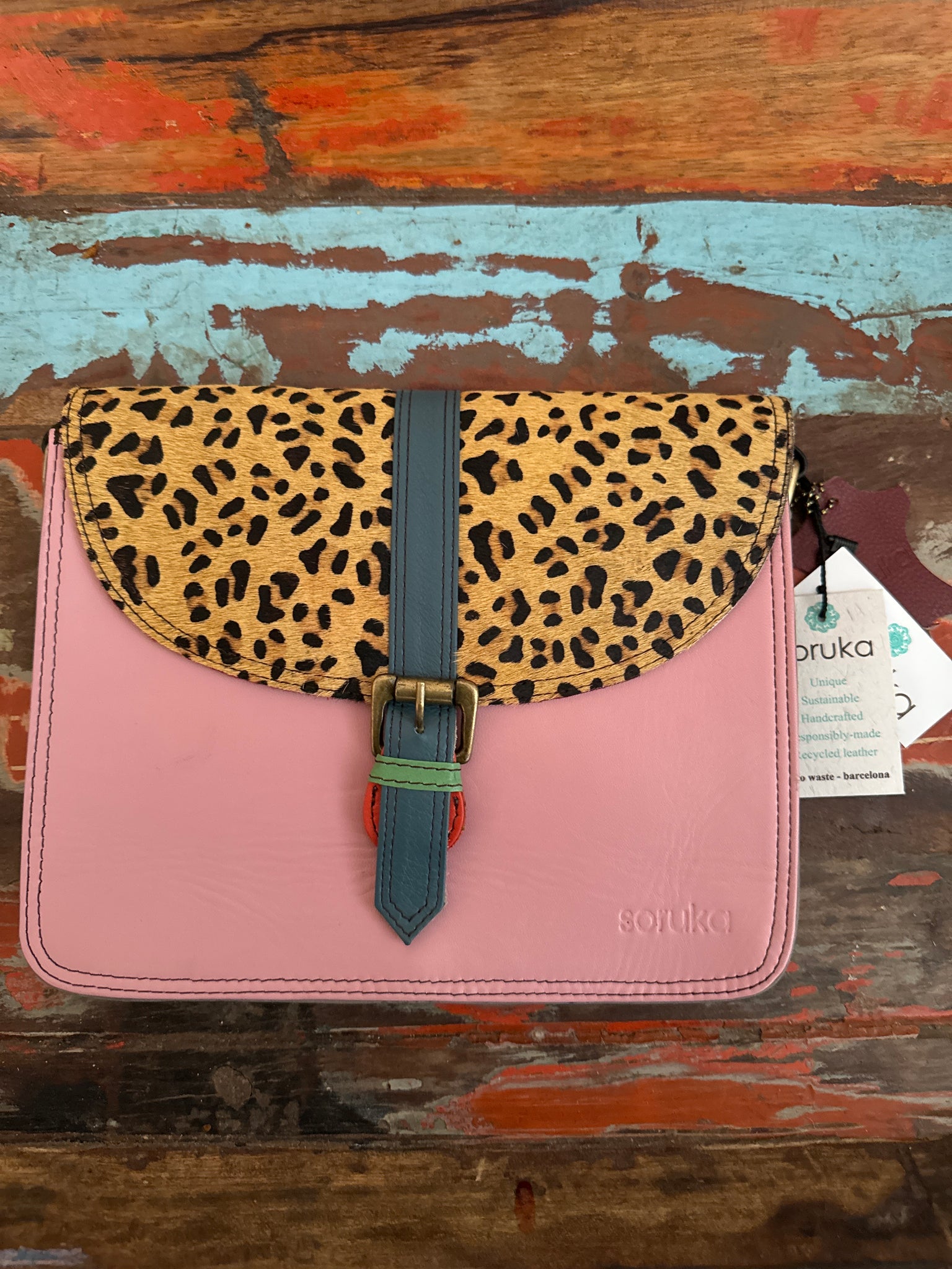 Adeline Recycled Leather Bag - Light Pink & Animal Print - Soruka