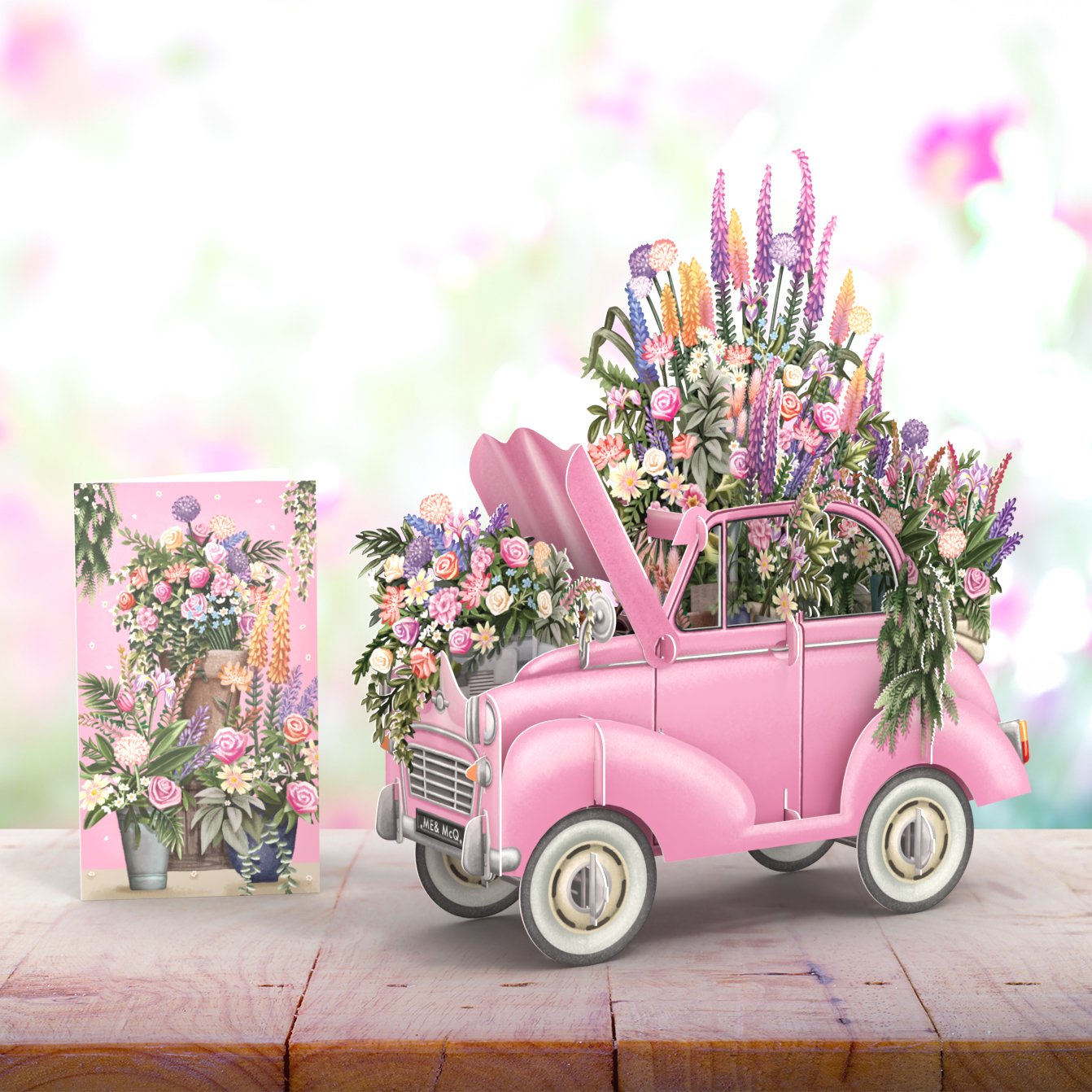 Pink Flower Car 3D Pop Up Greetings Card