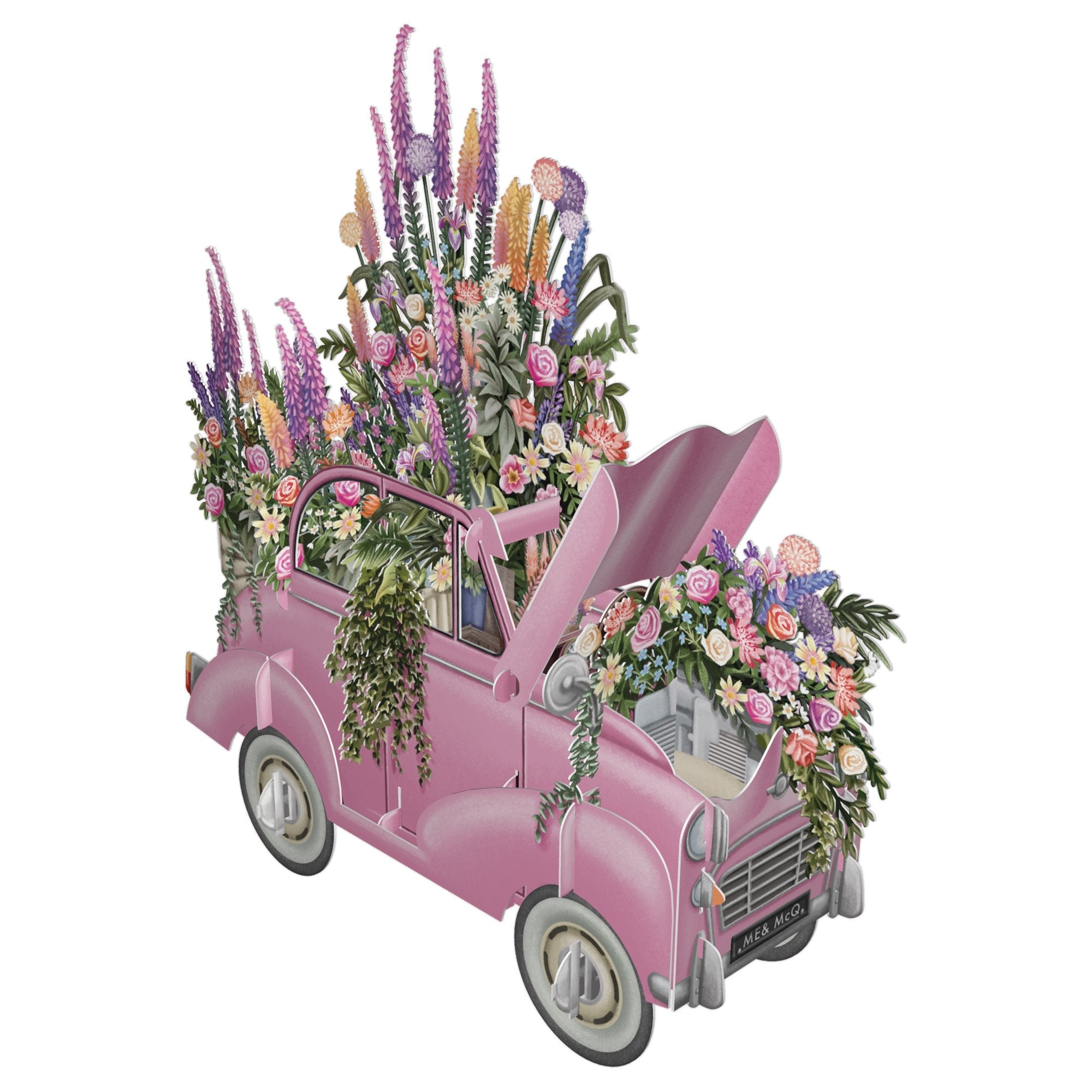 Pink Flower Car 3D Pop Up Greetings Card