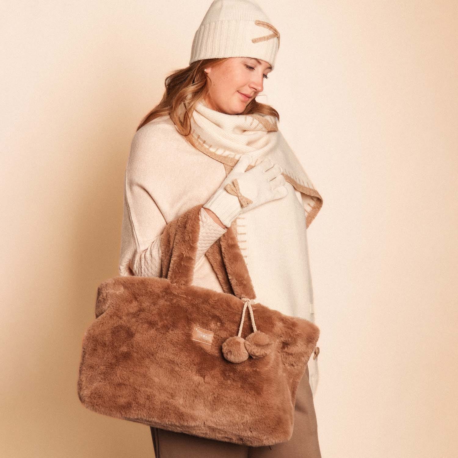Faux Fur Pom Pom Bag - Taupe