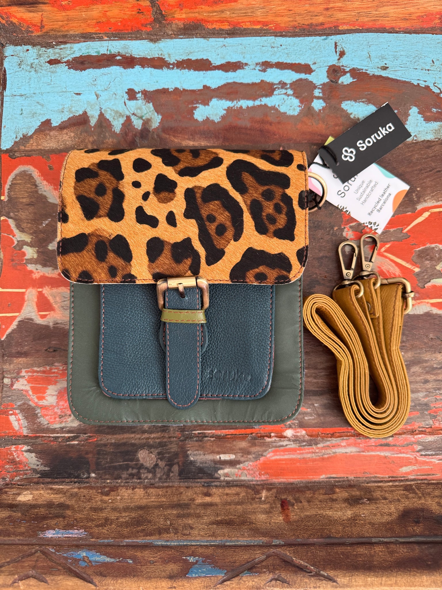 Recycled Leather Hanna Bag - Animal Print, Dark Green, Blue - Mustard Strap - Soruka