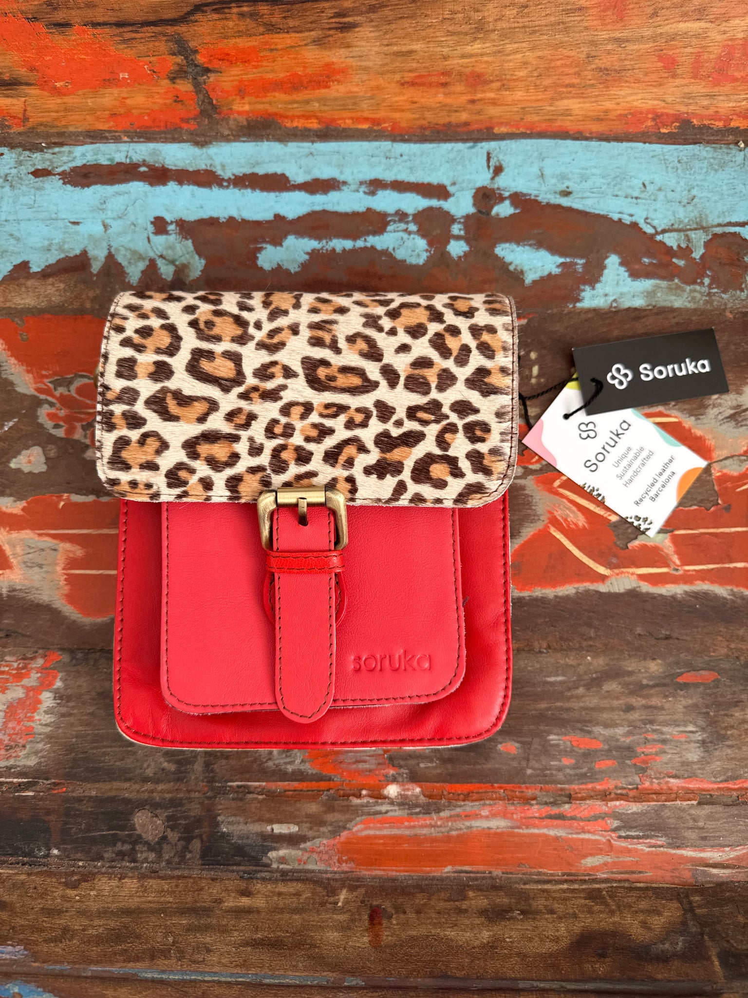 Recycled Leather Hanna Bag - Animal Print ,Reds/Mustard Strap Soruka