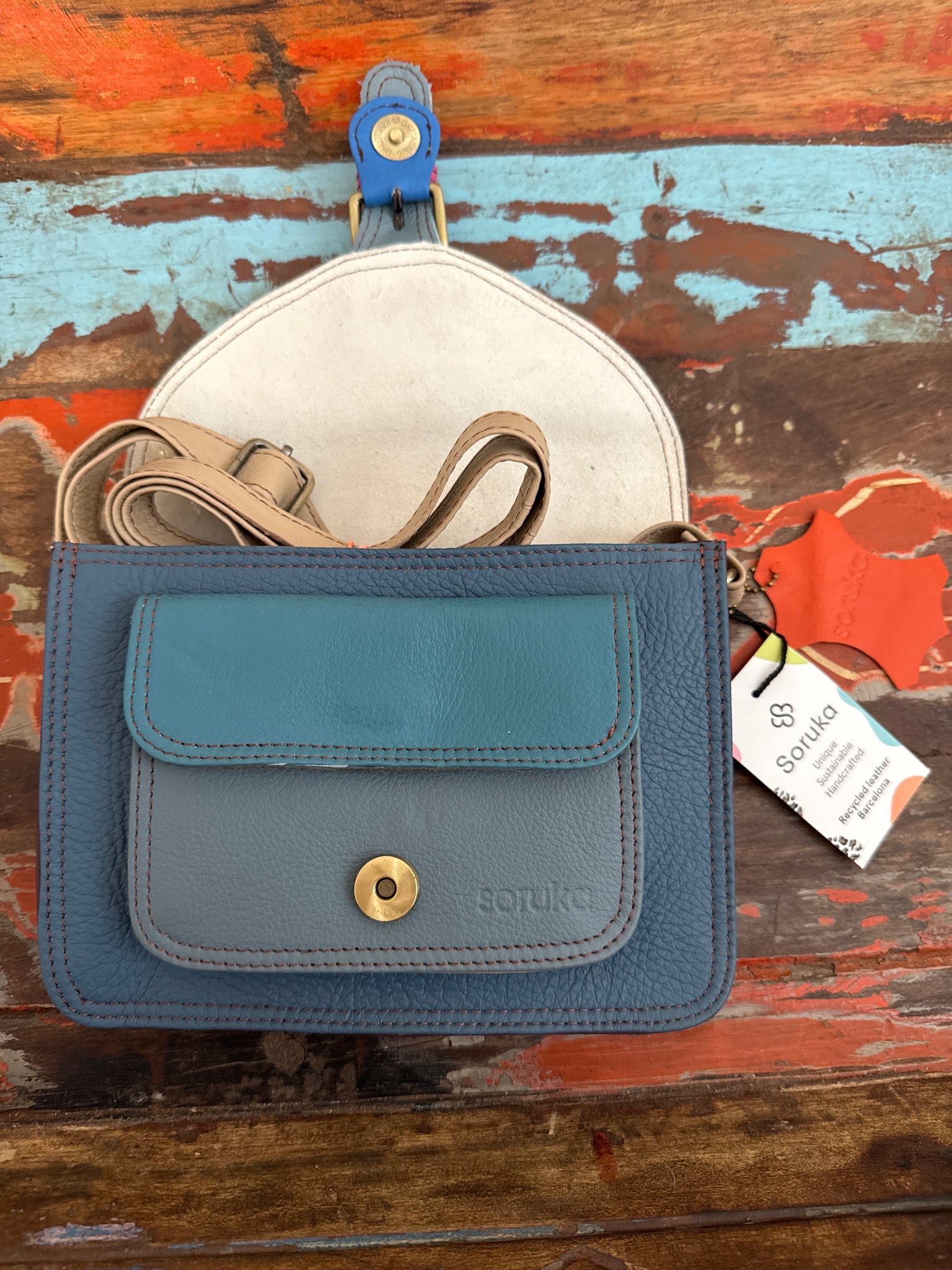 Elma Leather Bag - Blue, Greens & Animal Print - Soruka