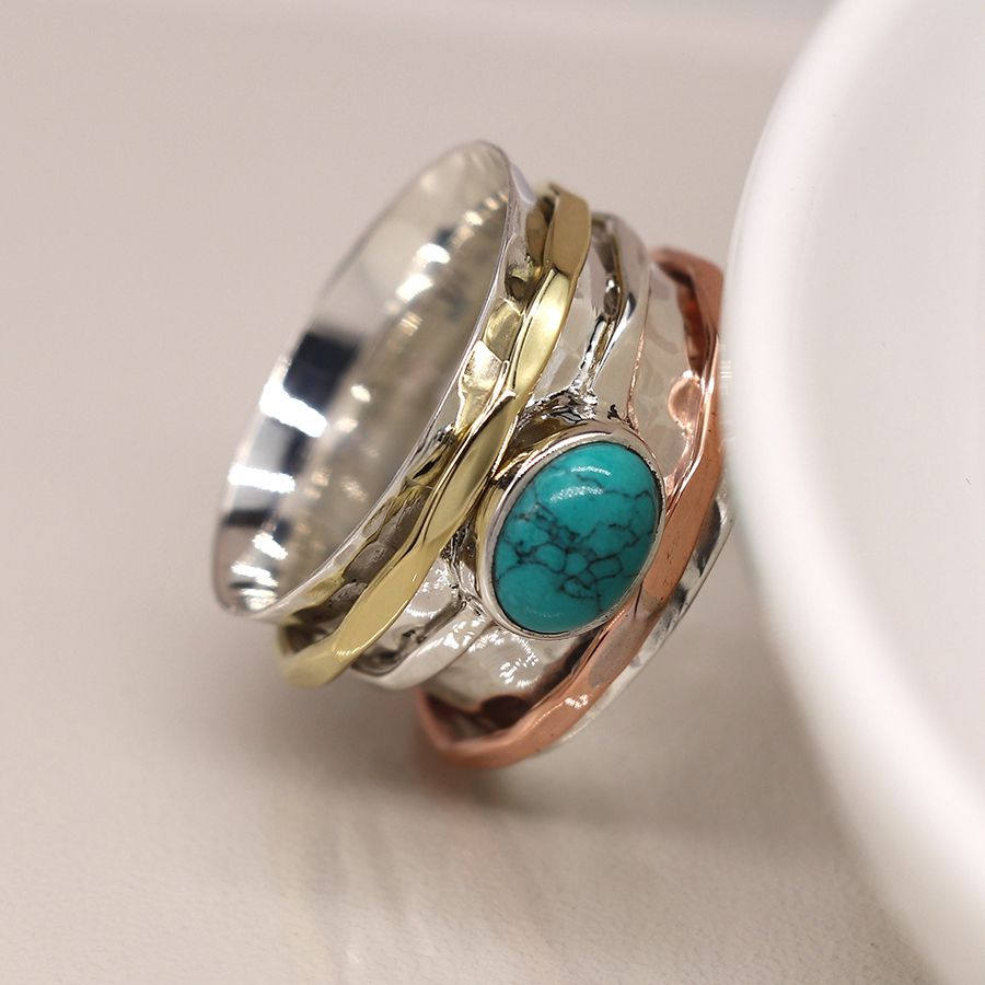 Sterling silver spinning ring with large turquoise stone