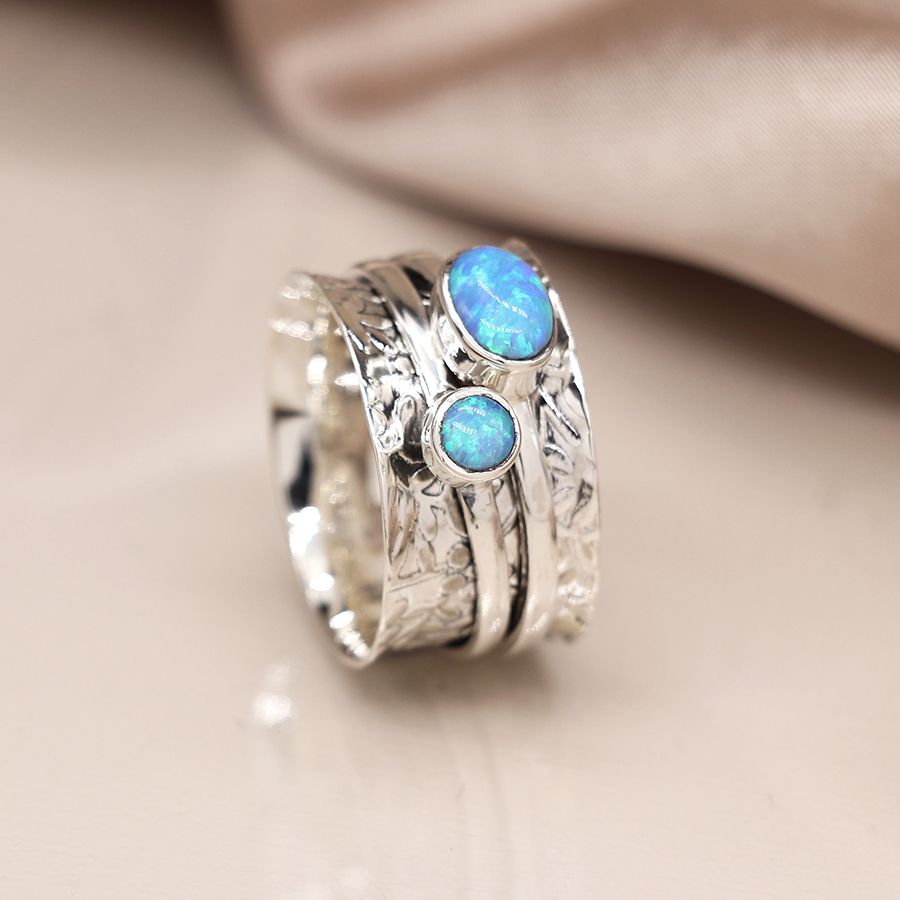 Sterling silver leaf embossed opal spinning ring