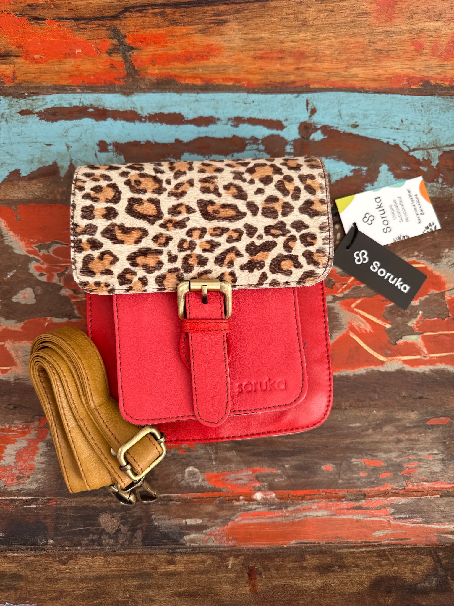 Recycled Leather Hanna Bag - Animal Print ,Reds/Mustard Strap Soruka