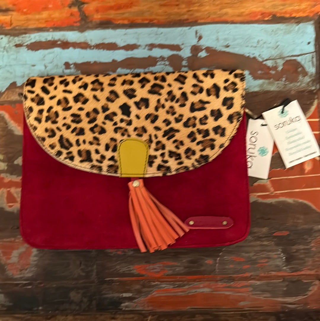Olivia Suede Handbag - Red /Animal Print -Soruka