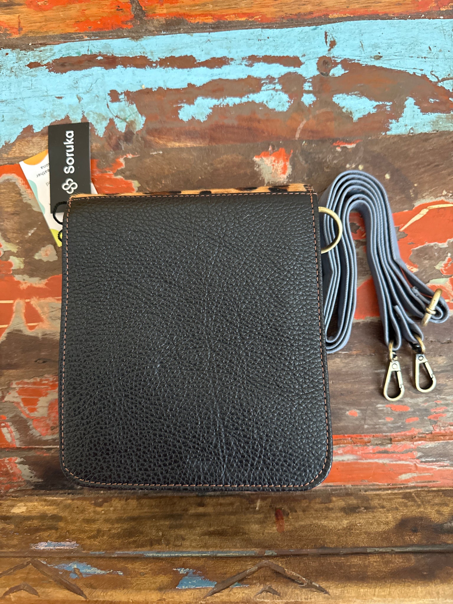 Recycled Leather Hanna Bag - Animal Print & Green  - Blue Strap - Soruka