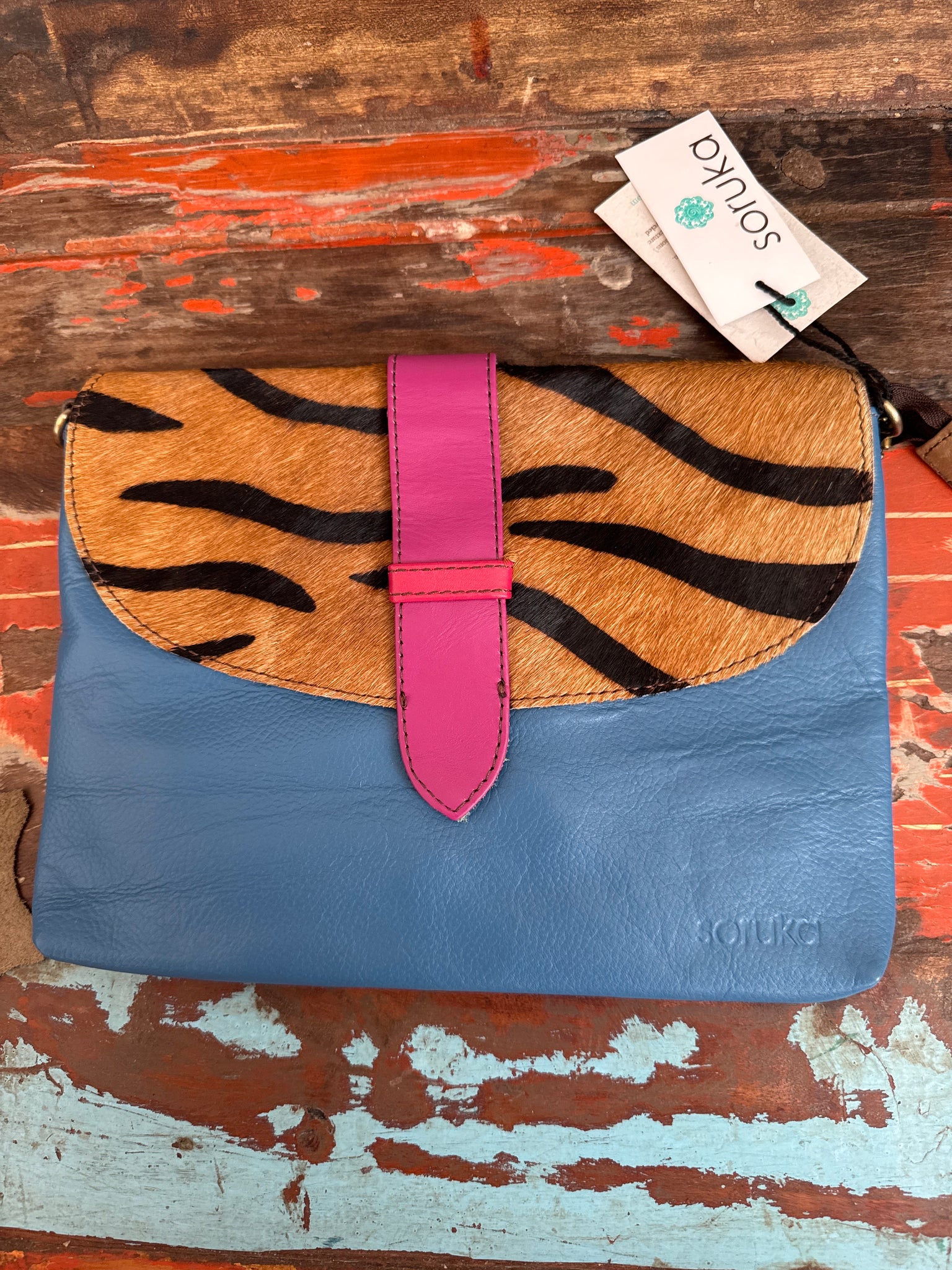 Saddle Bag Blue, Fushia & Animal Print-  Soruka