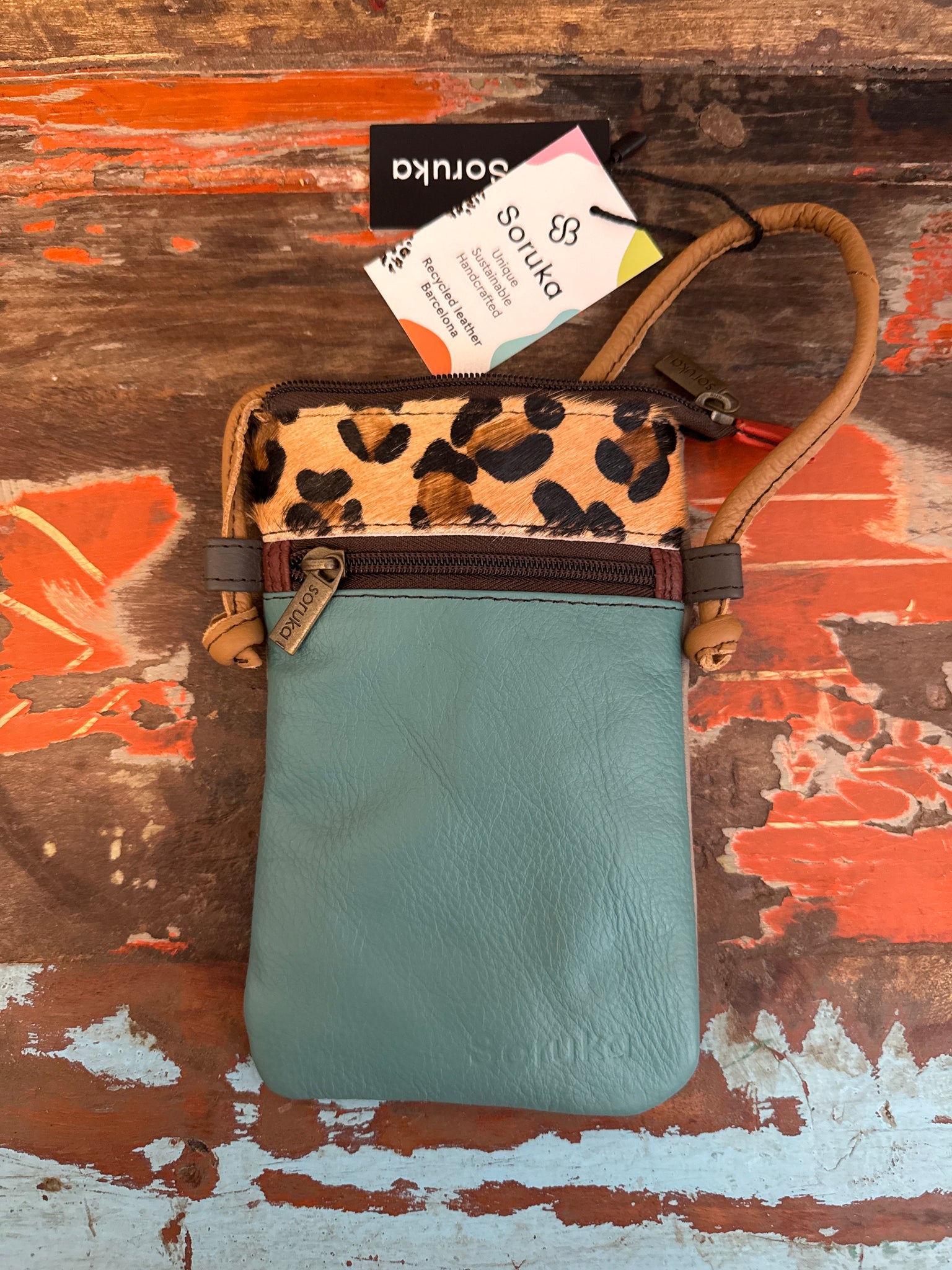 Lua Recycled Leather Bag - Turquoise & Animal Print