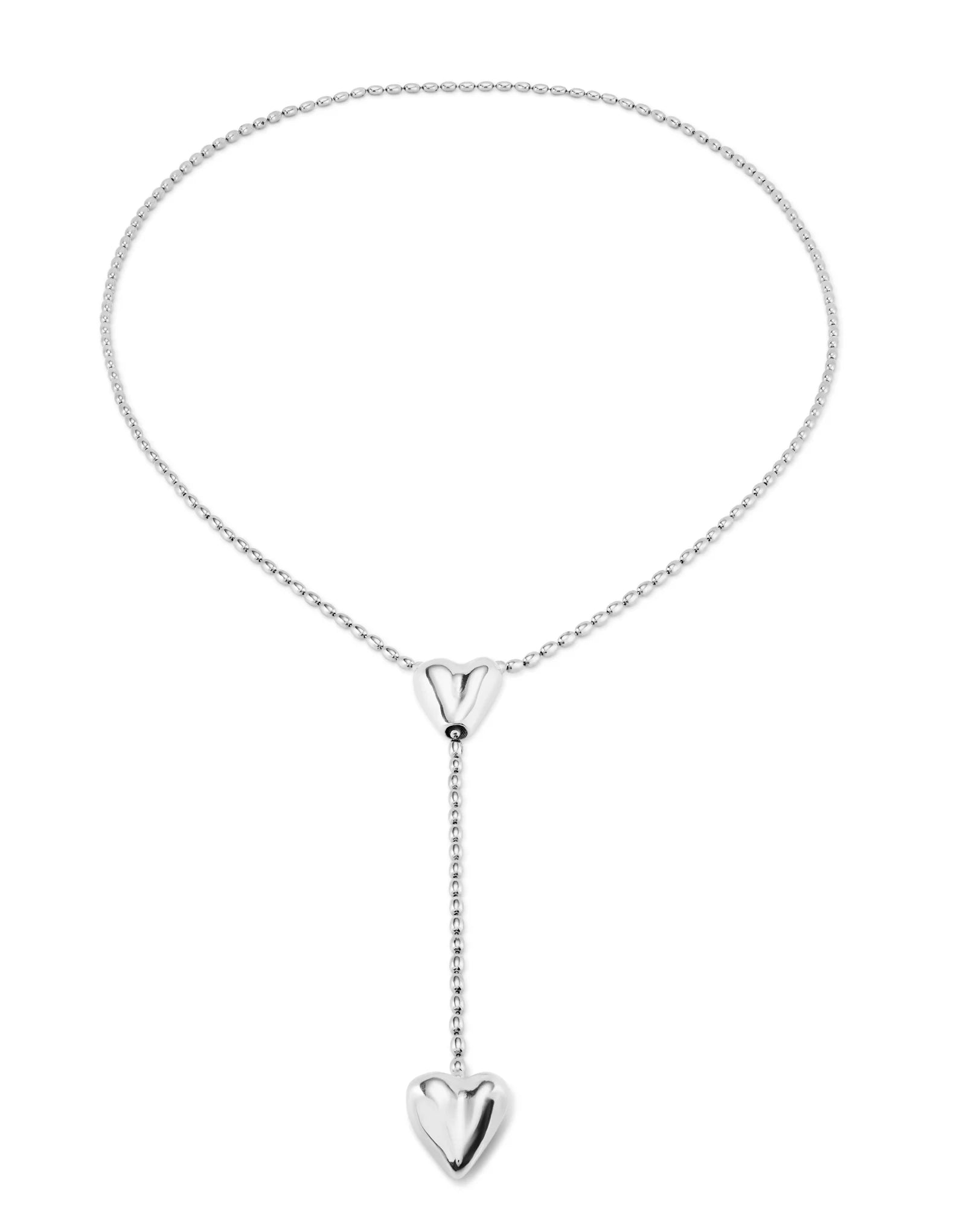 Silver-plated chain with two hearts, one adjustable in the center.