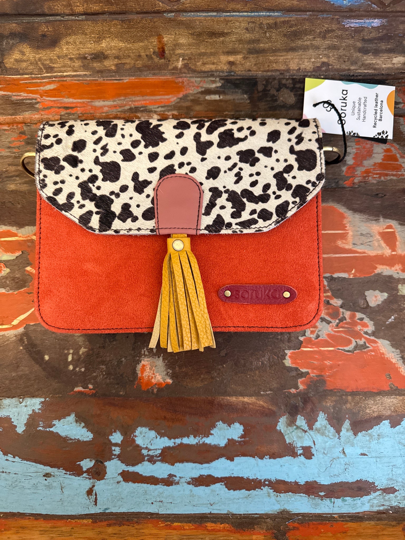 Claire Recycled Leather & Suede Bag - Orange & Animal Print Soruka