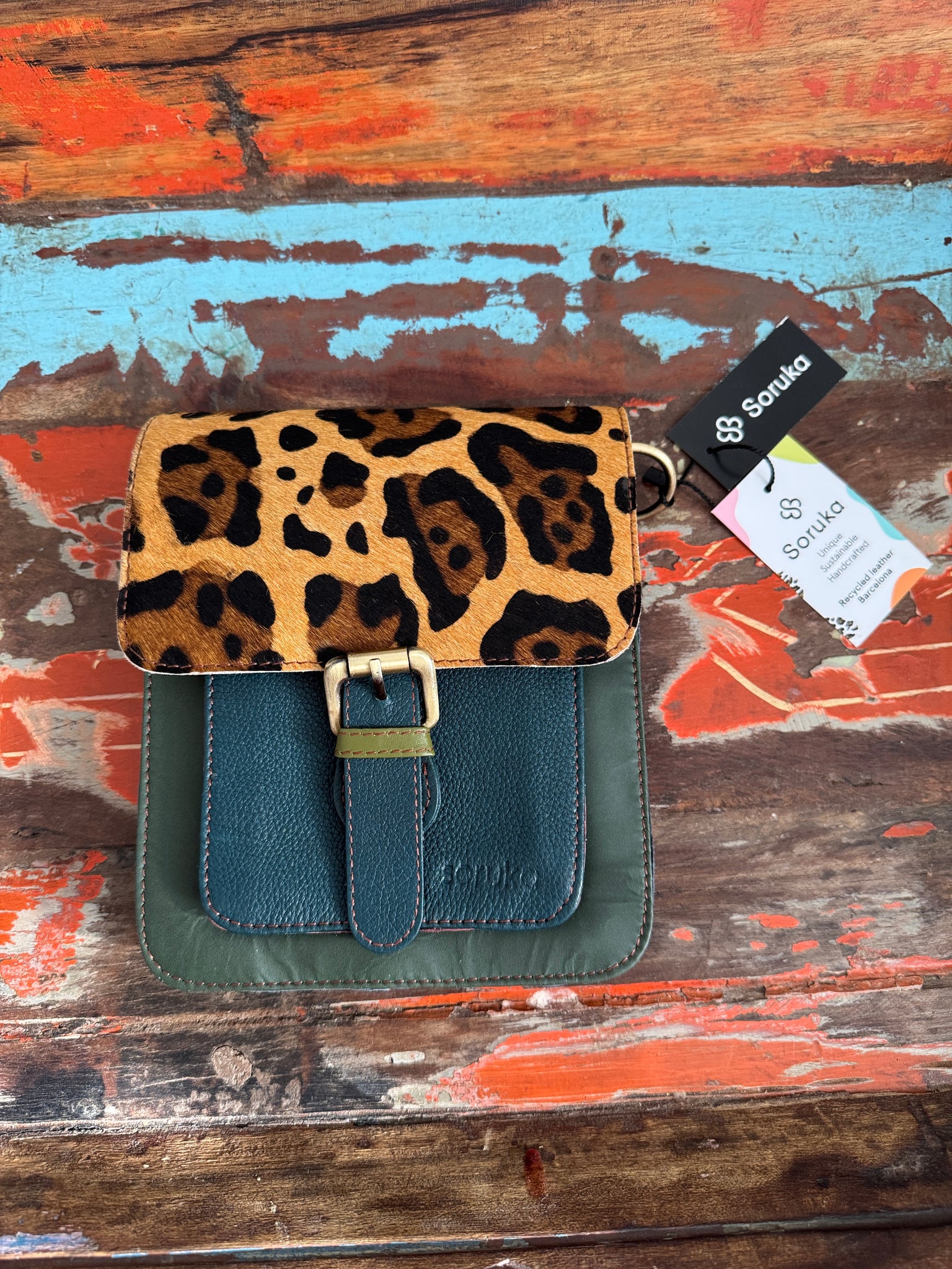 Recycled Leather Hanna Bag - Animal Print, Dark Green, Blue - Mustard Strap - Soruka