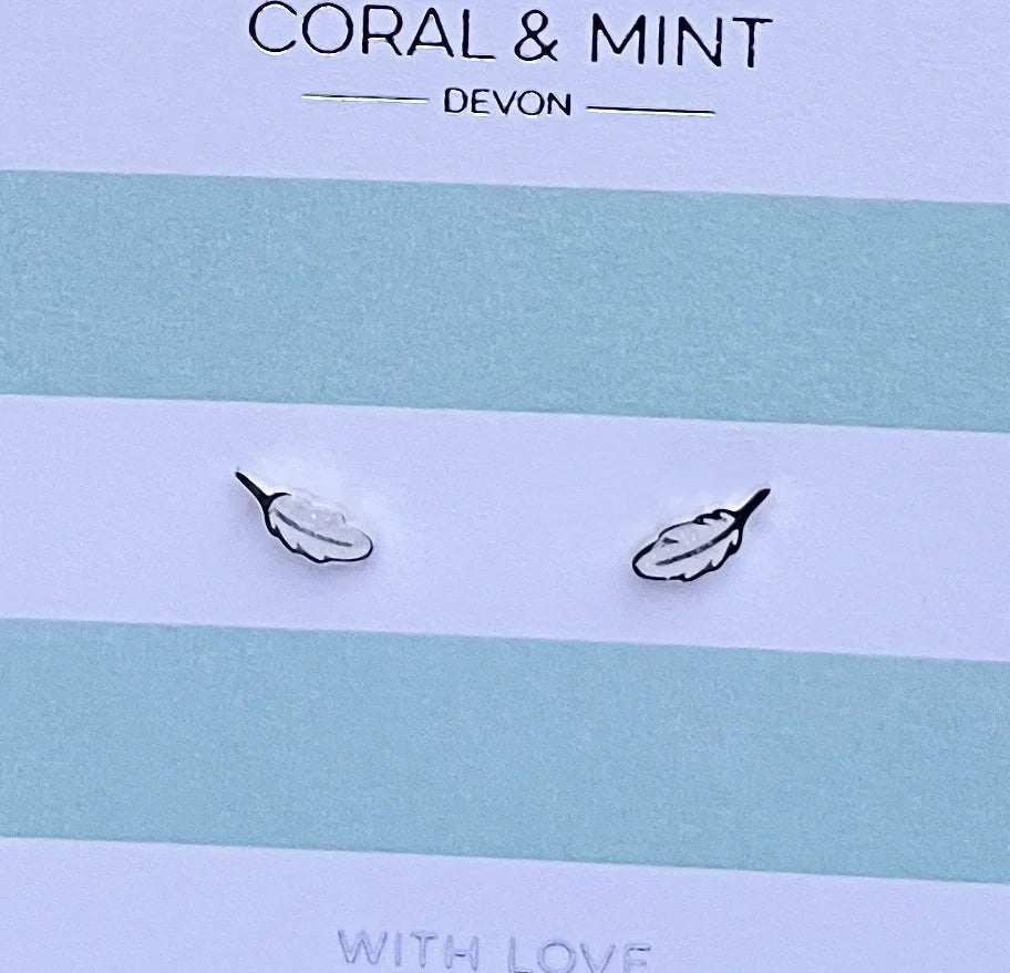 White Feather Stud Earrings - Coral And Mint