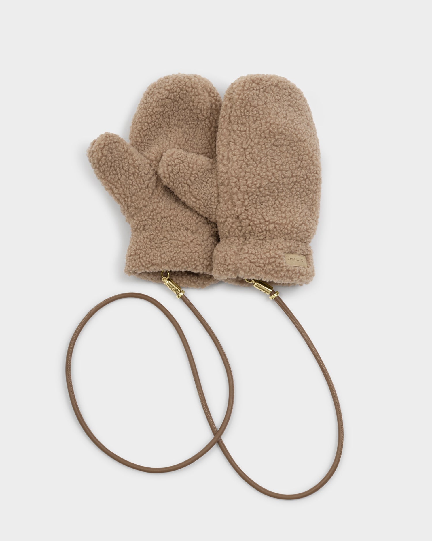 Teddy Mittens With Cord 'Tan'