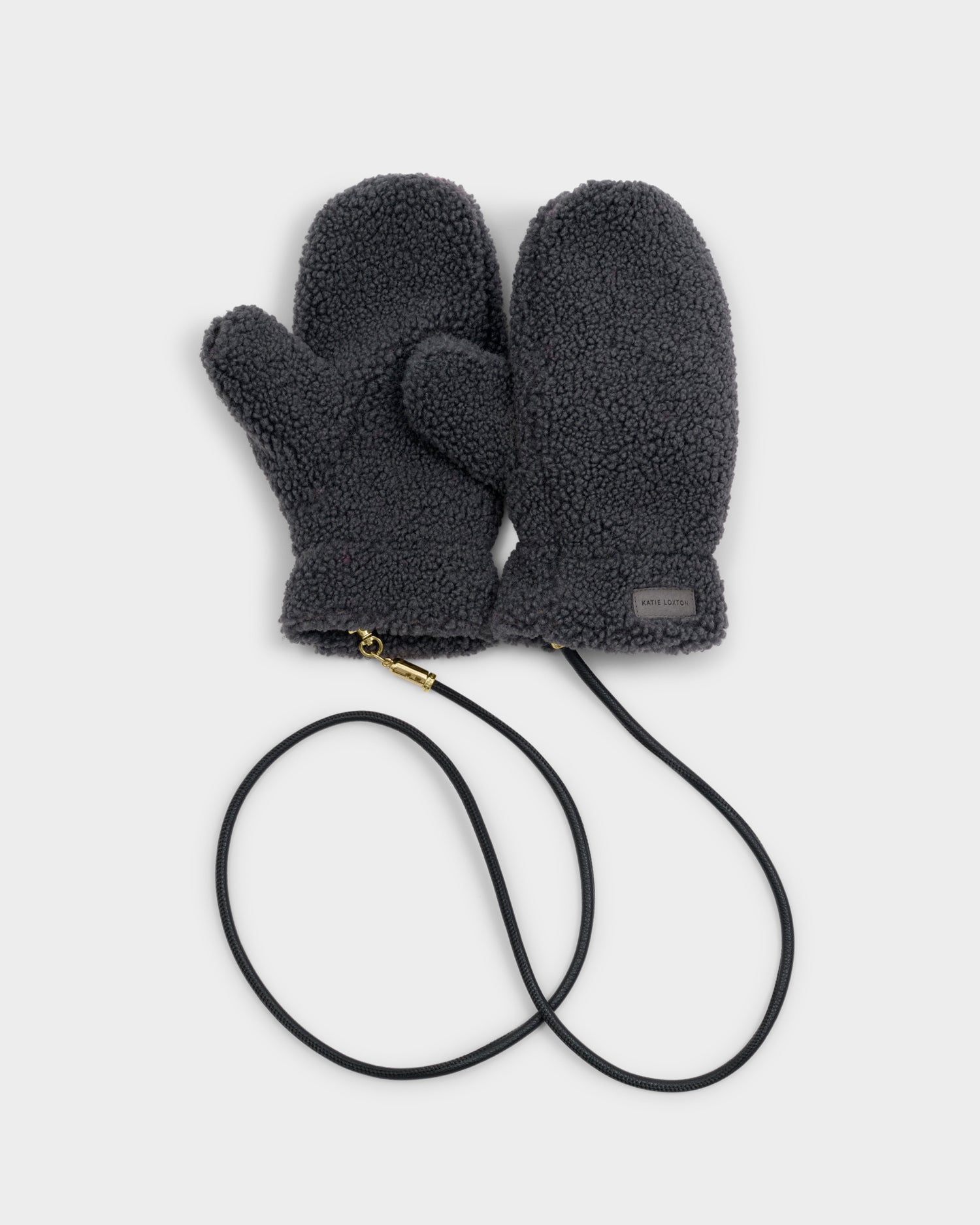 Teddy Mittens With Cord 'Charcoal'