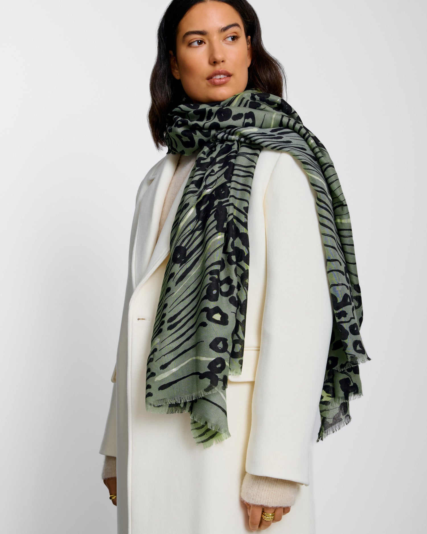 Printed Foil Scarf 'Abstract Animal' Graphite Green / Black / Silver Foil
