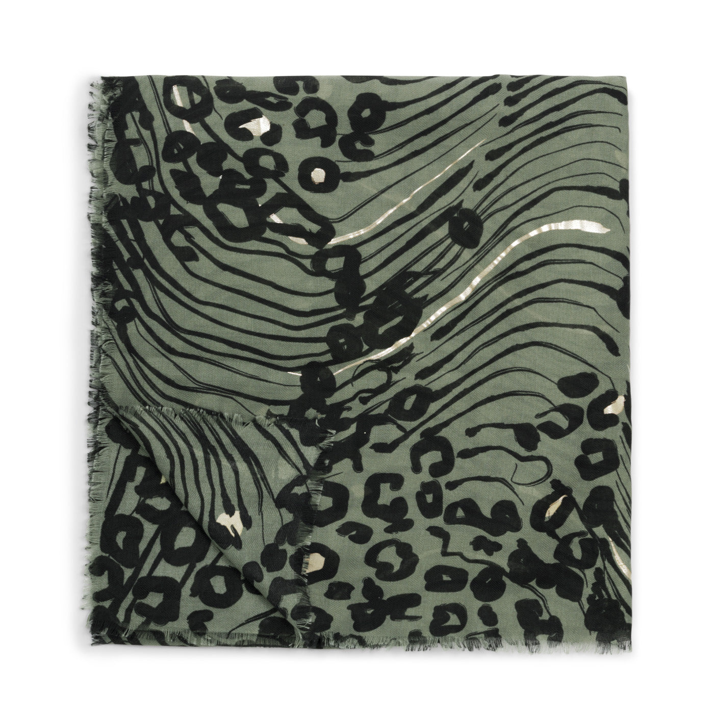 Printed Foil Scarf 'Abstract Animal' Graphite Green / Black / Silver Foil
