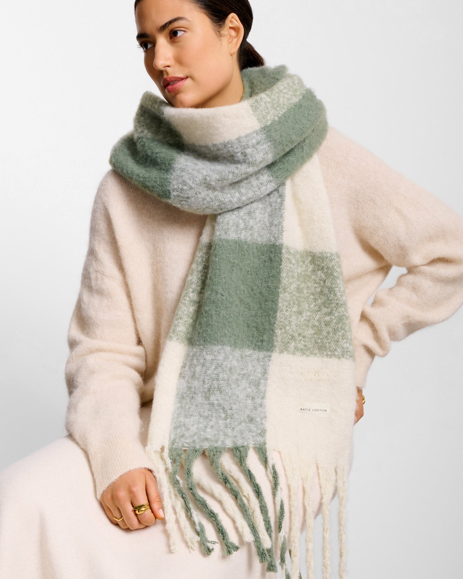Recycled Checked Tassel Scarf 'Graphite Green/ Off White'