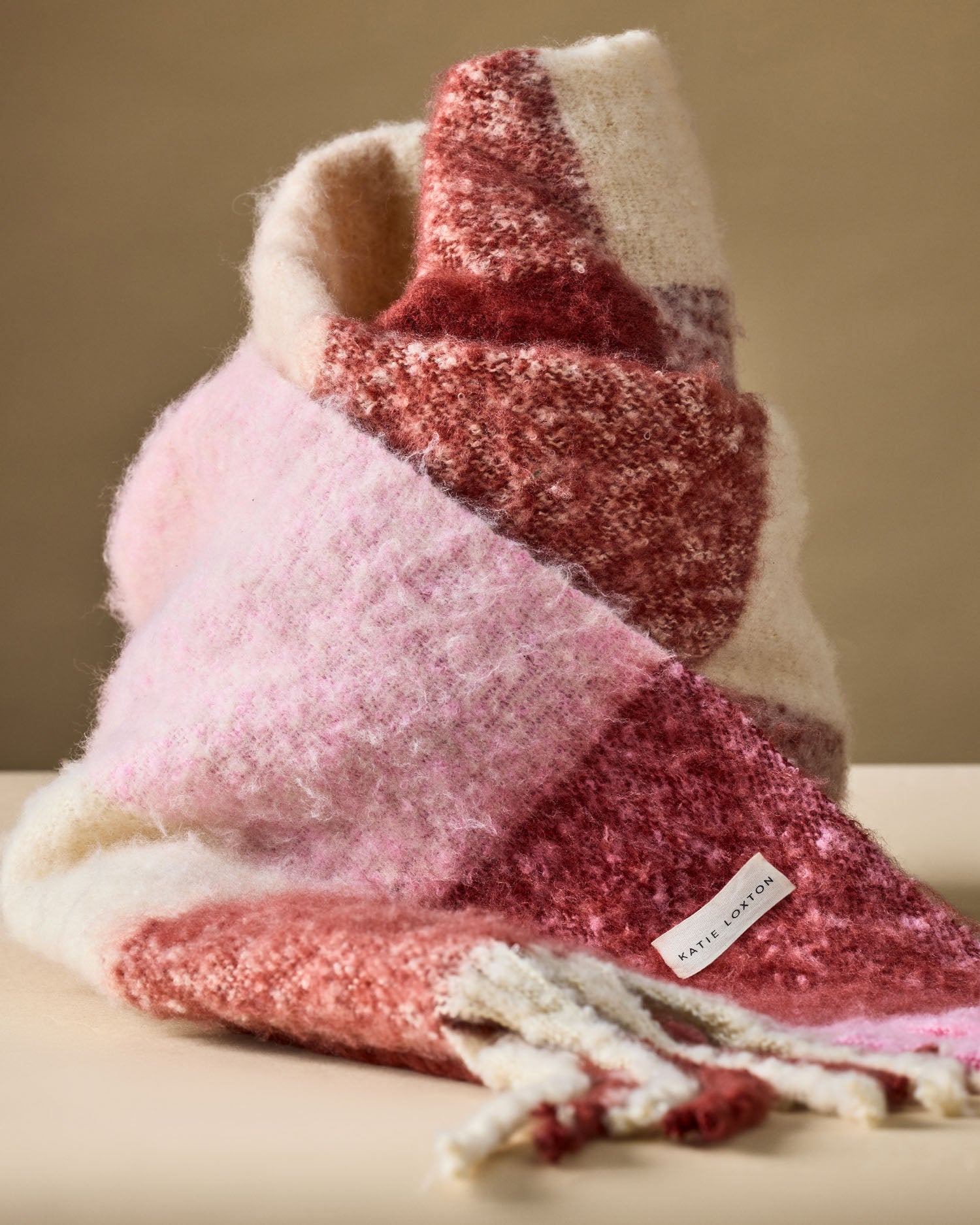 Recycled Checked Tassel Scarf 'Pink/ Burgundy/ Cream'