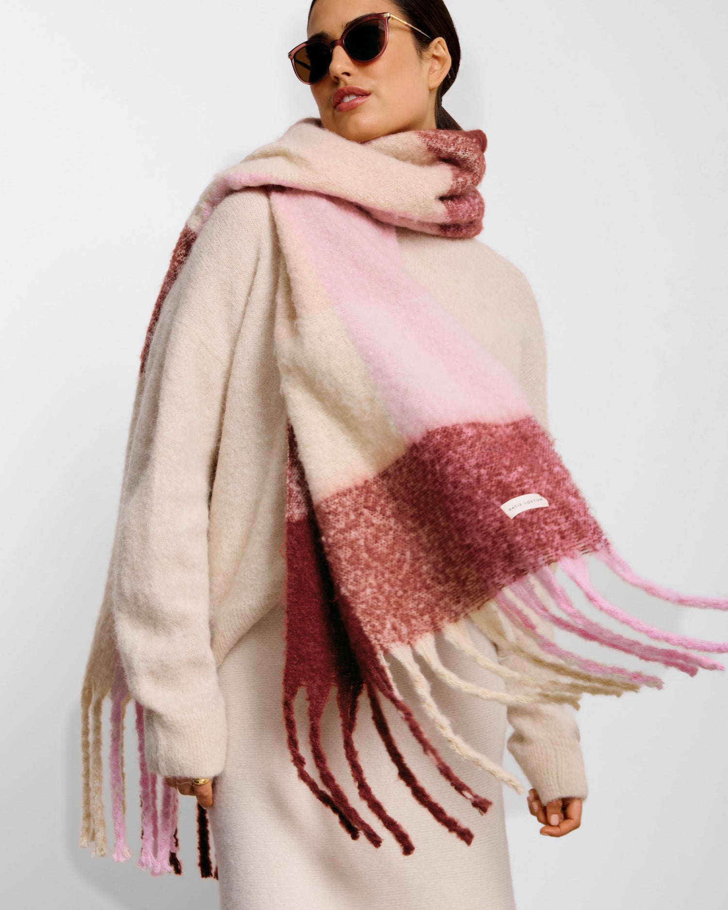 Recycled Checked Tassel Scarf 'Pink/ Burgundy/ Cream'