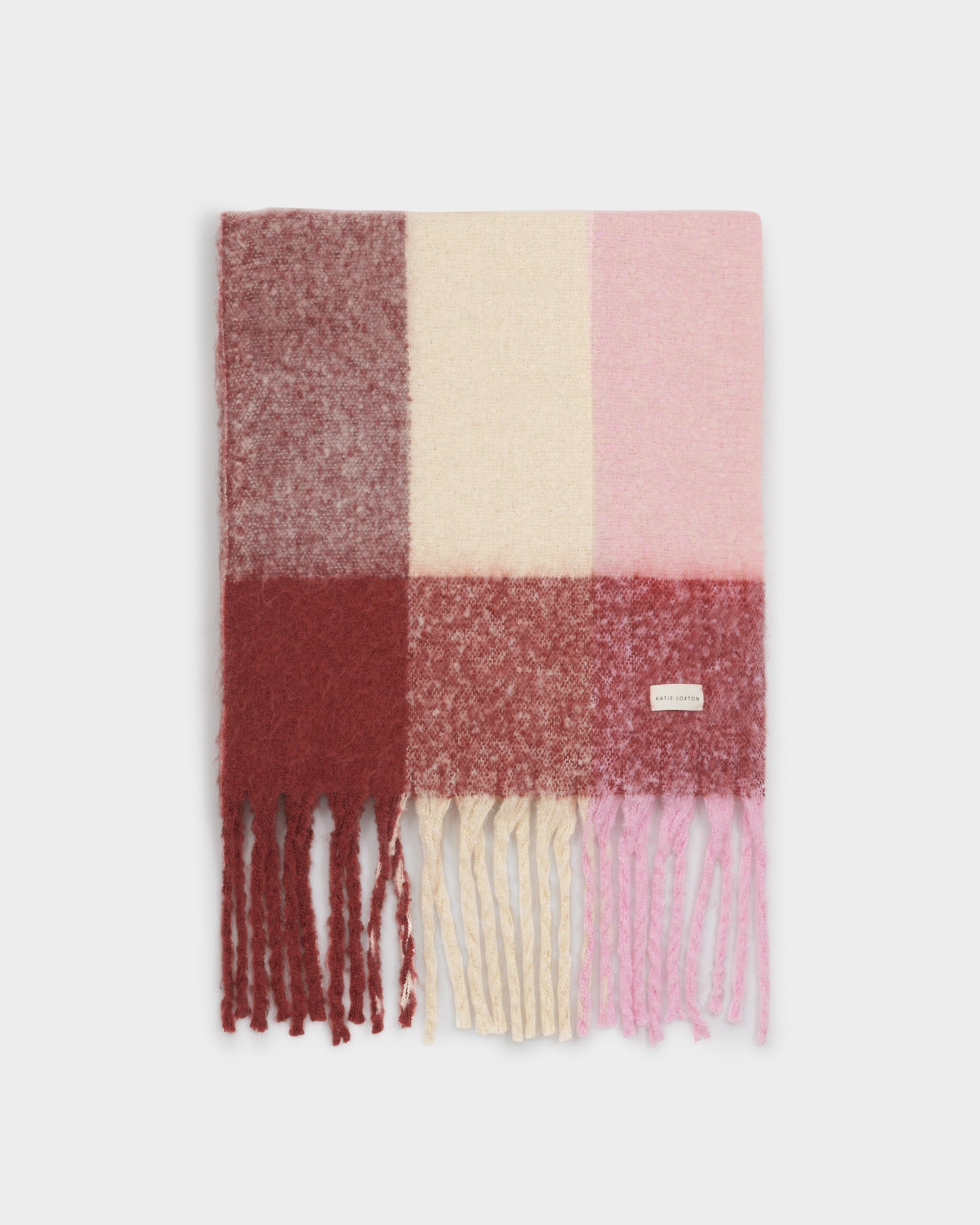 Recycled Checked Tassel Scarf 'Pink/ Burgundy/ Cream'