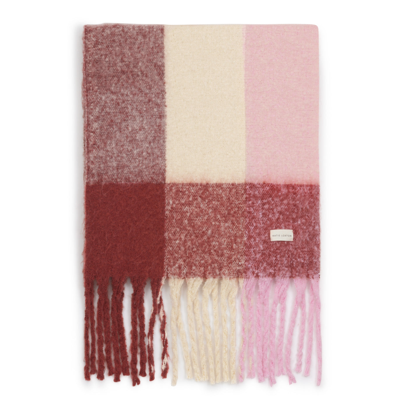 Recycled Checked Tassel Scarf 'Pink/ Burgundy/ Cream'