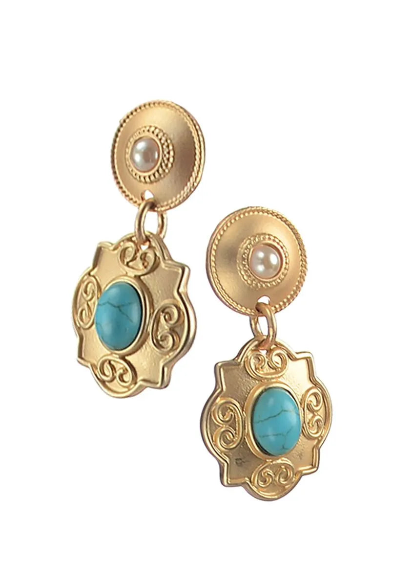Earrings - Treasure Trove Drops - Golden W/Pearl & Turquoise