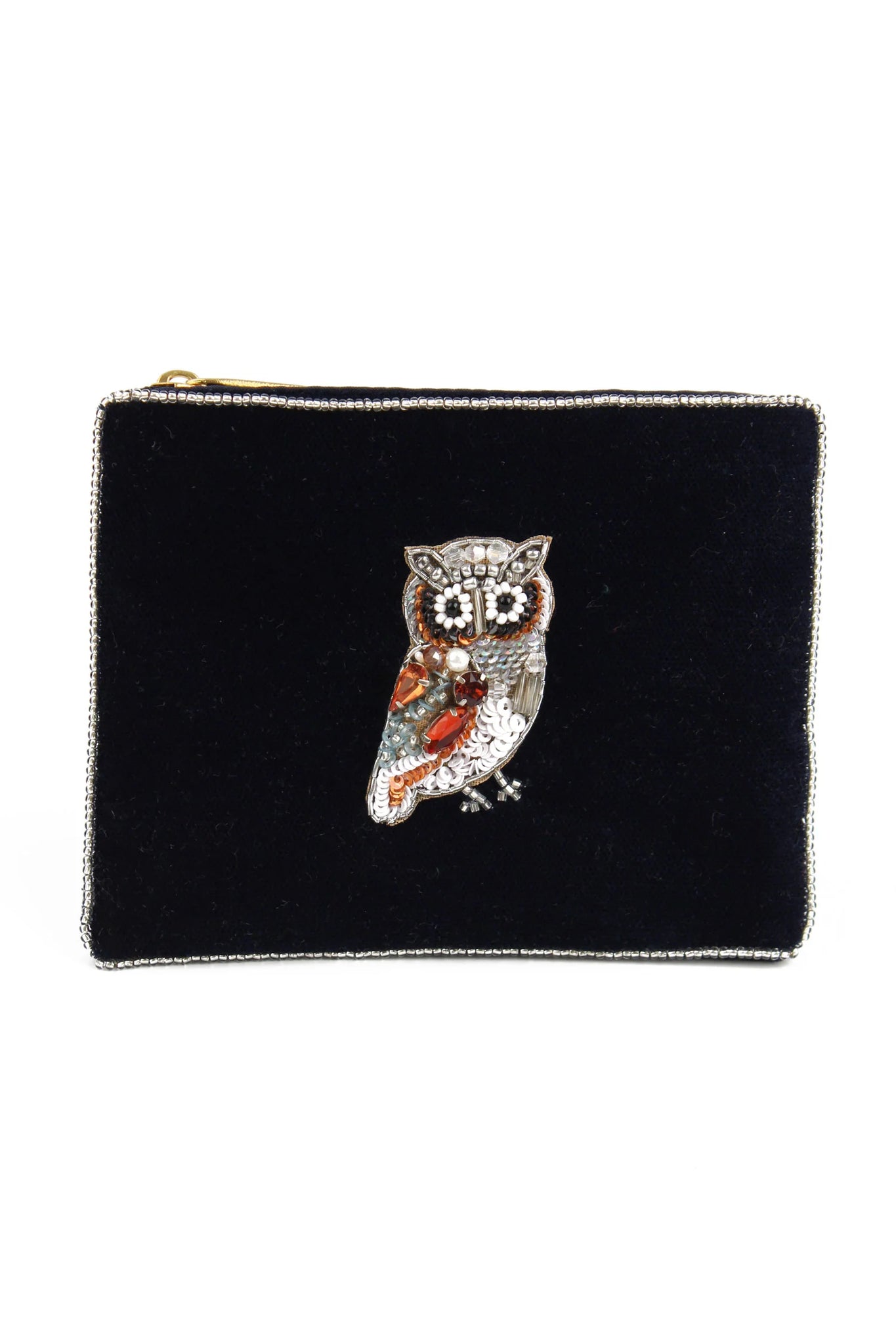 NAVY BLUE OWL VELVET POUCH