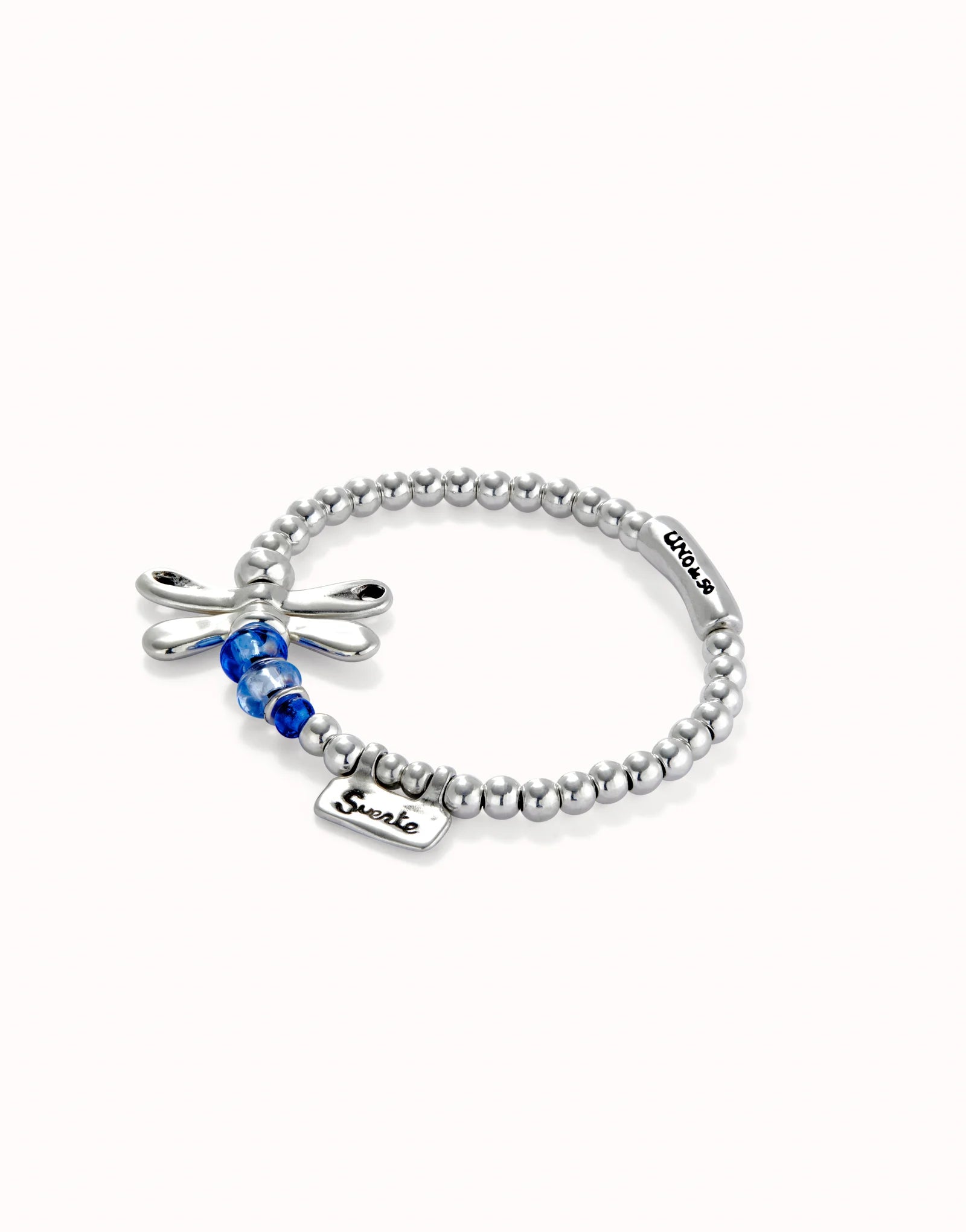 Elastic bracelet with sterling silver plated dragonfly with blue crystals