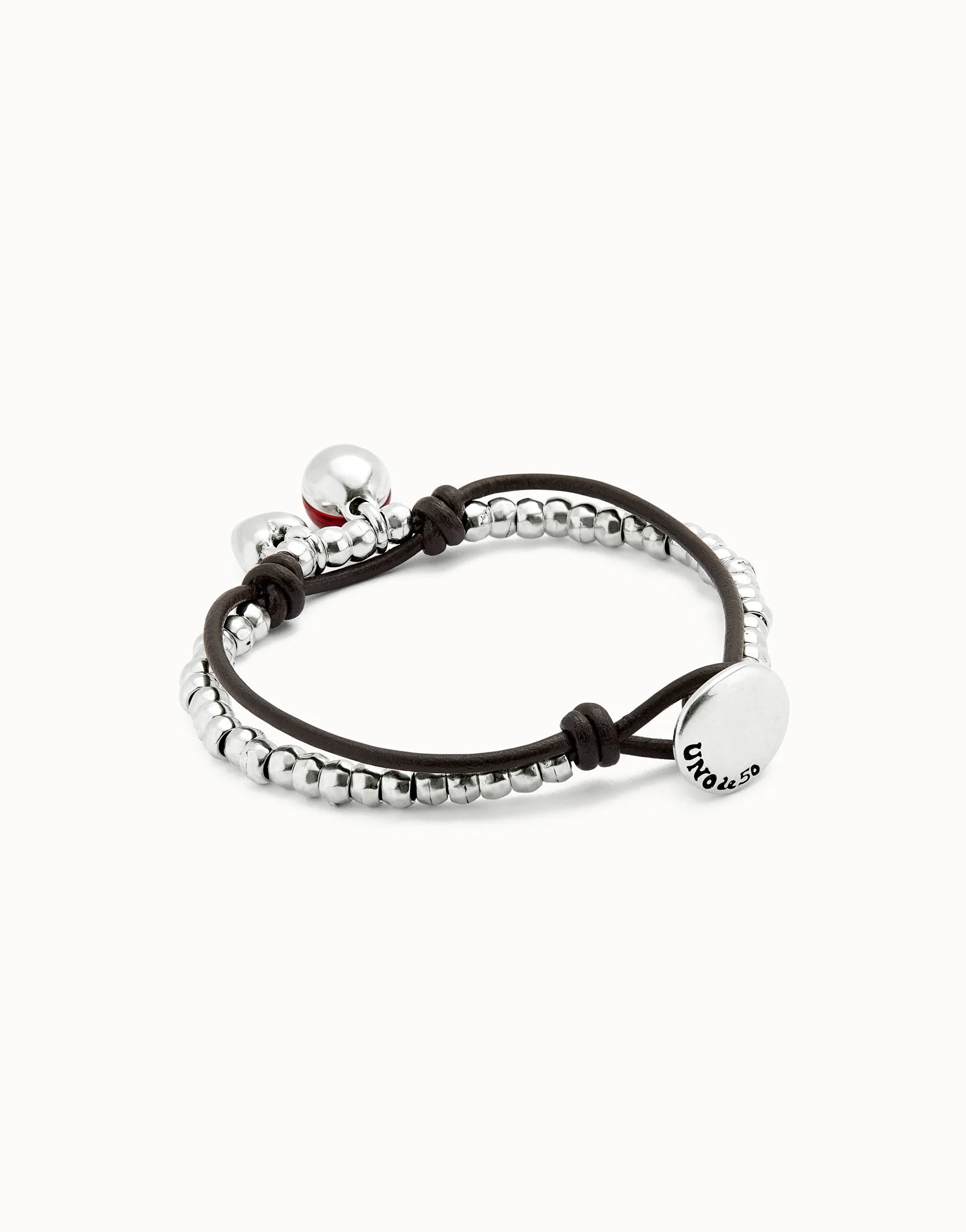 Leather beaded bracelet with red murano glass