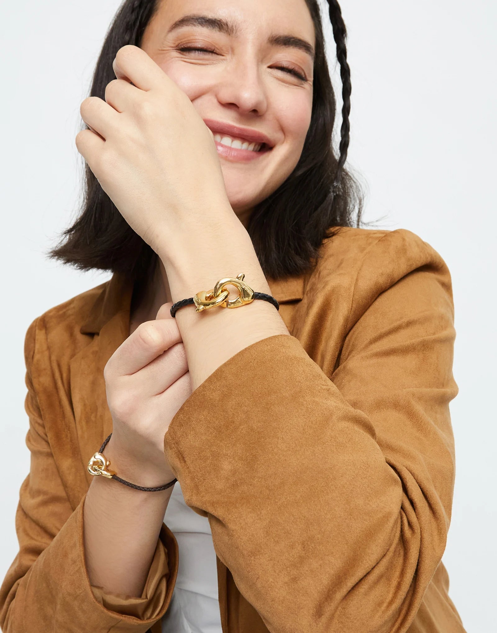 Black leather bracelet with interlocking carabiner