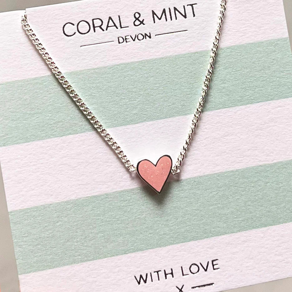 Heart Necklace - Light Pink Enamel - Coral And Mint