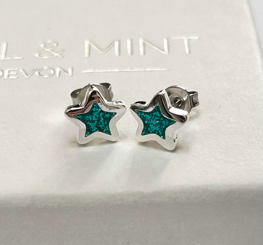 Turquoise Glitter Enamel Star Stud Earrings - Coral And Mint
