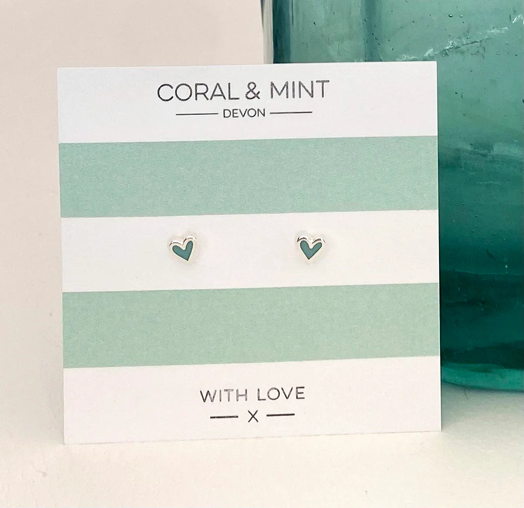 Mini Heart Studs - Mint Enamel - Coral And Mint