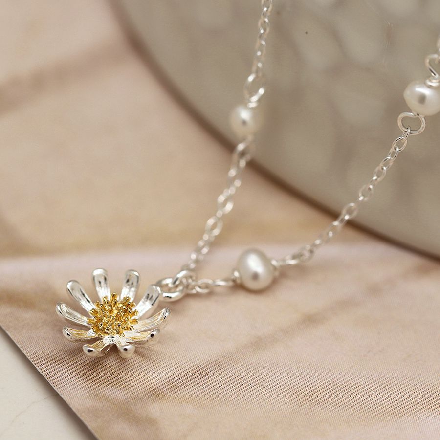 Sterling silver and gold daisy necklace with freshwater pearls