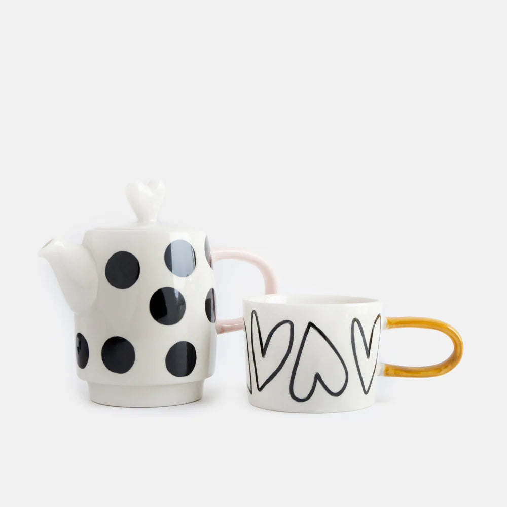 Mono Spots/Hearts Ceramic Teapot & Mug Set
