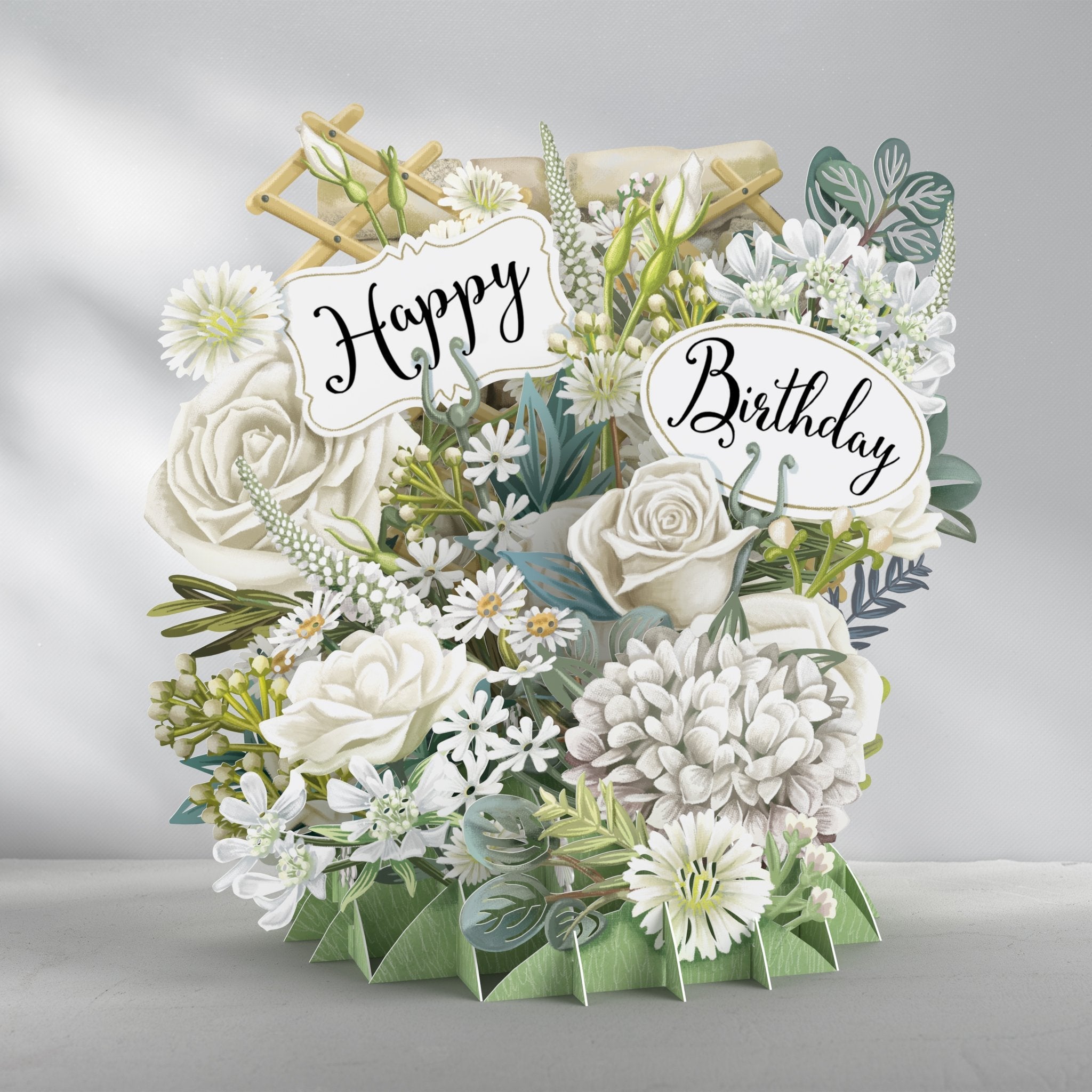 Happy Birthday White Flowers 3D Pop Up Card