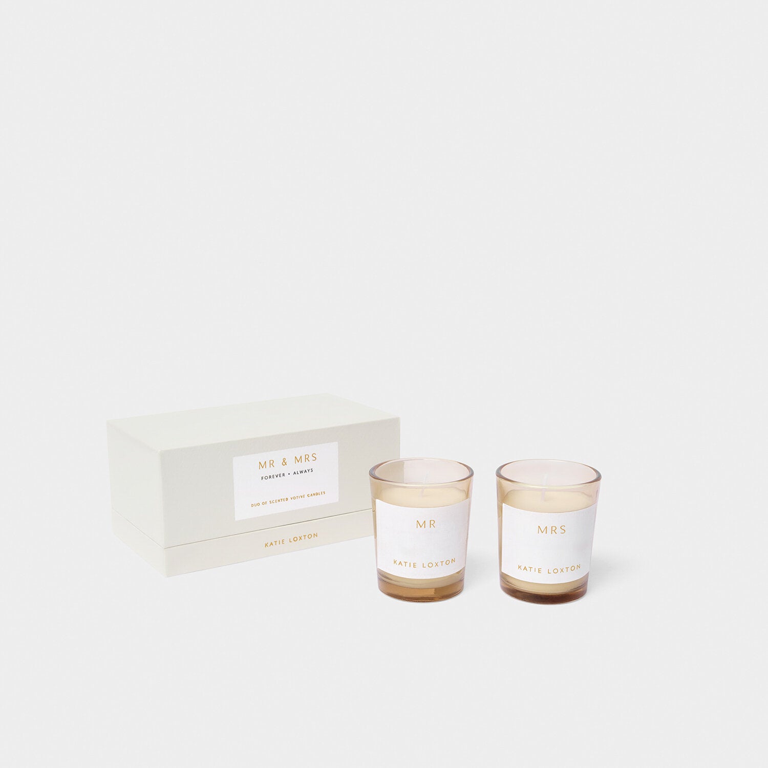 Katie Loxton - Duo Votive Candles - Mr And Mrs - Fresh Linen And White Lily