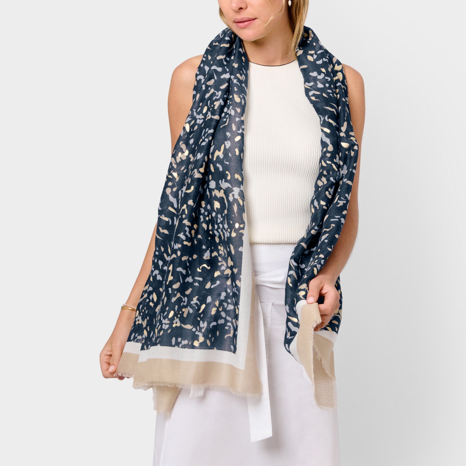 Katie Loxton - Printed Foil Scarf - Terazzo - Navy / Light Taupe / Gold Foil