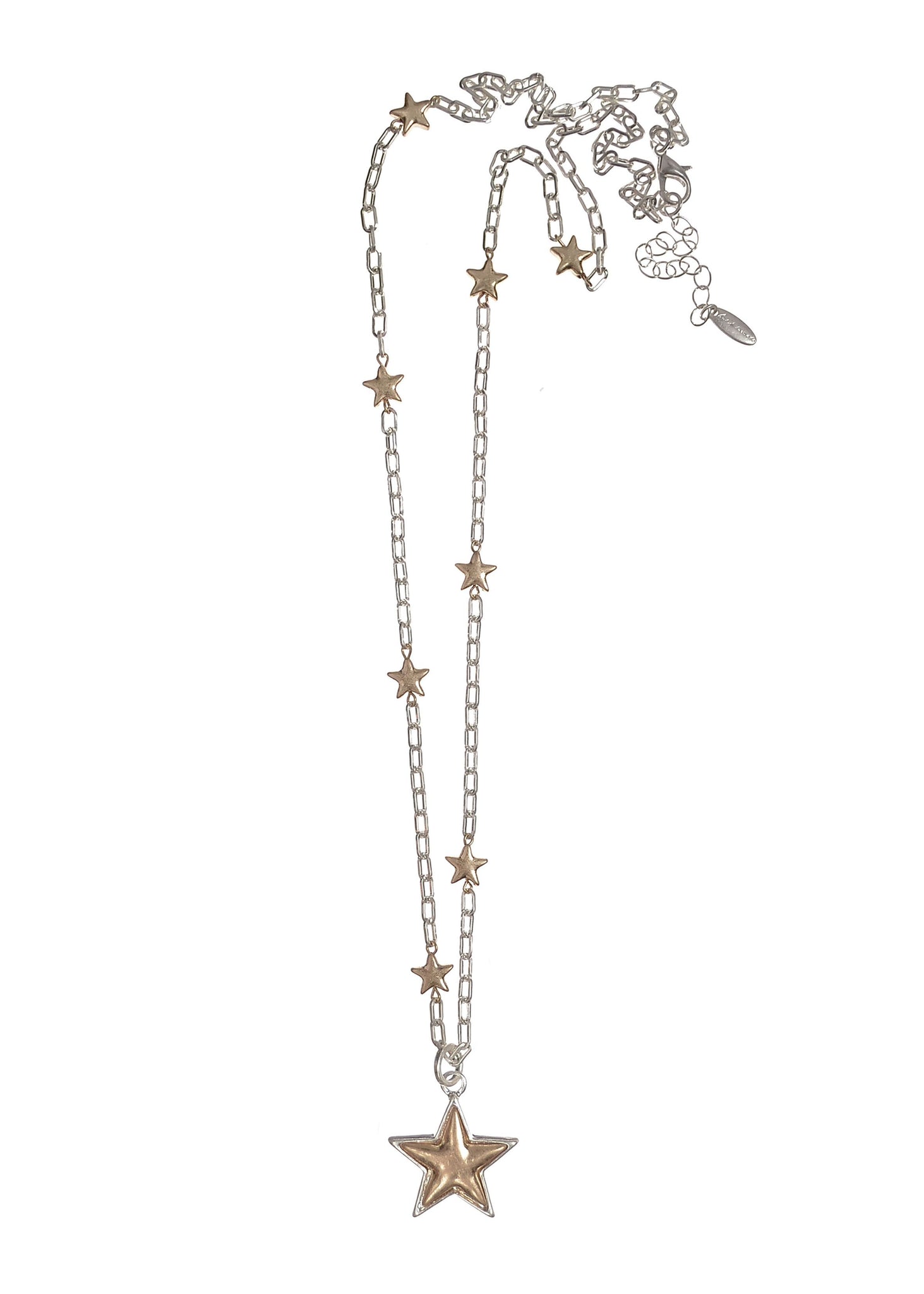 Star Drop W/Star Studded Chain - Worn Gold & Worn Silver - Necklace - Hot Tomato